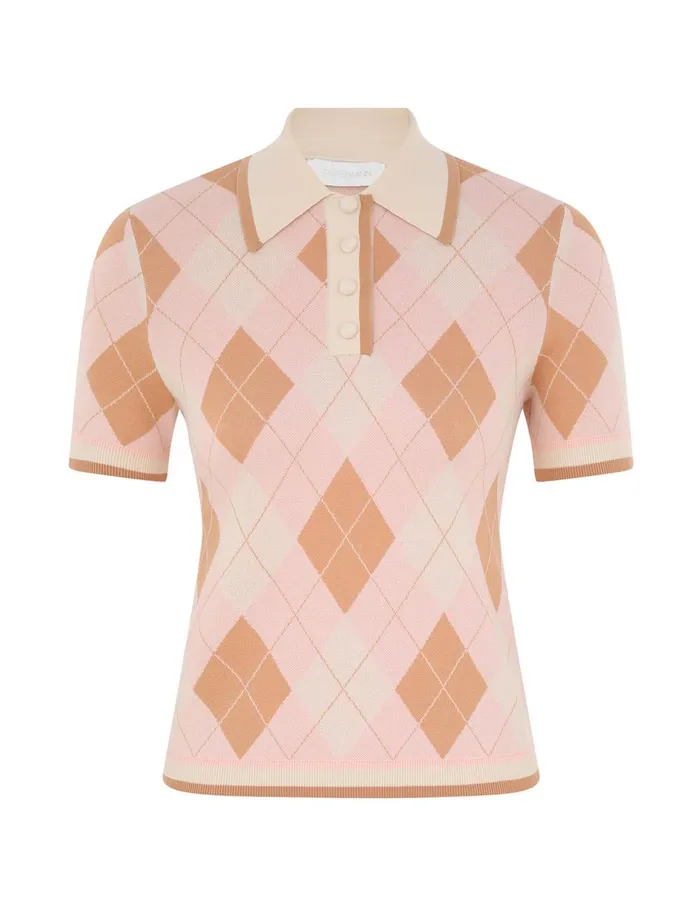 Women Tops Zimmermann Acacia Argyle Knit Polo Pink Argyle