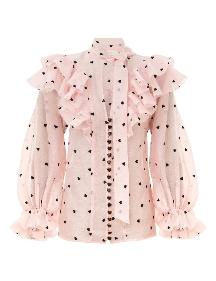 Women Tops Zimmermann Crush Embroidered Blouse Pink Hearts