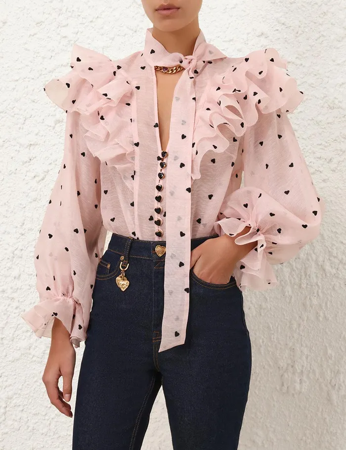 Women Tops Zimmermann Crush Embroidered Blouse Pink Hearts