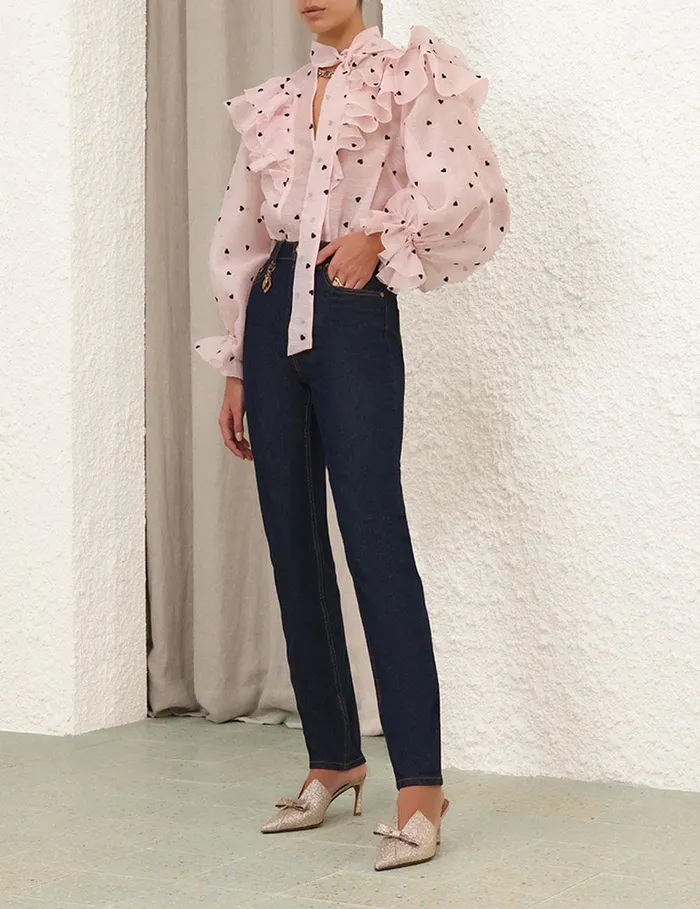 Women Tops Zimmermann Crush Embroidered Blouse Pink Hearts