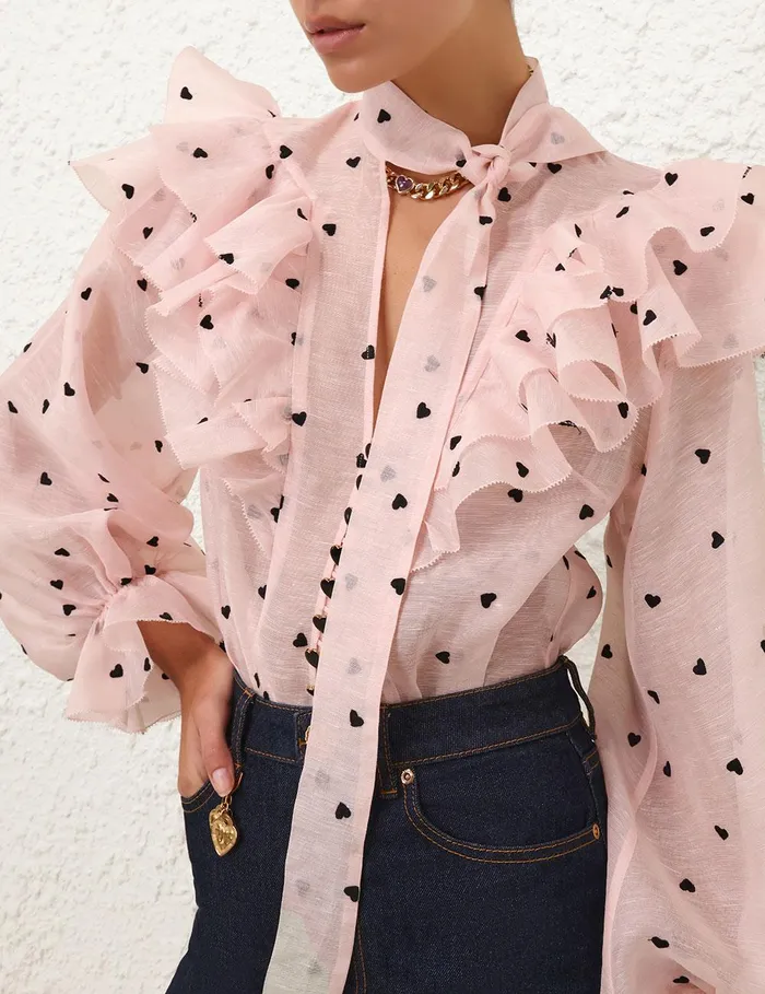 Women Tops Zimmermann Crush Embroidered Blouse Pink Hearts
