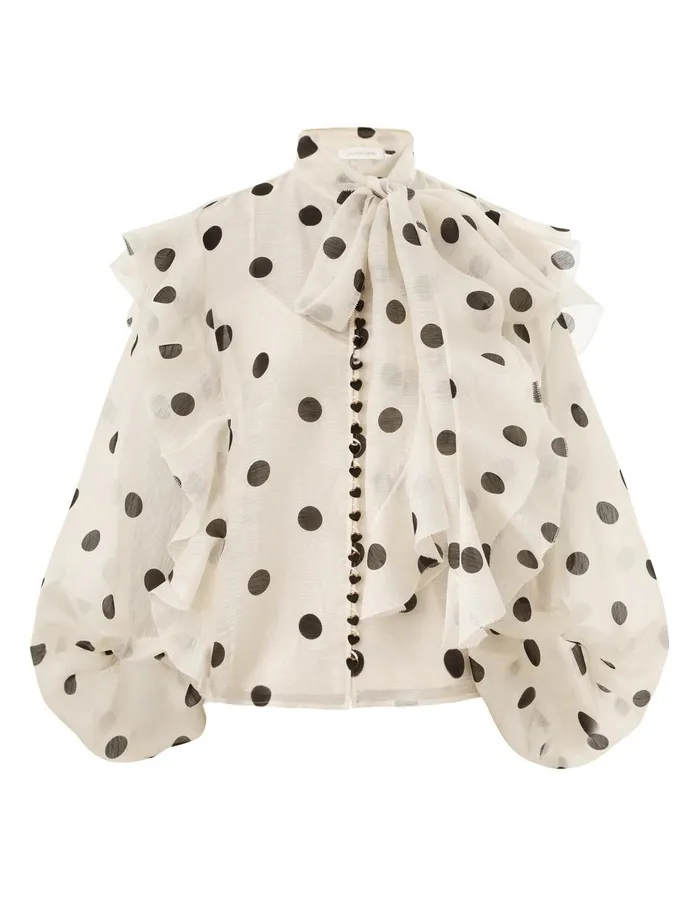 Women Tops Zimmermann Crush Tie Neck Ruffle Blouse Creamblack Dot