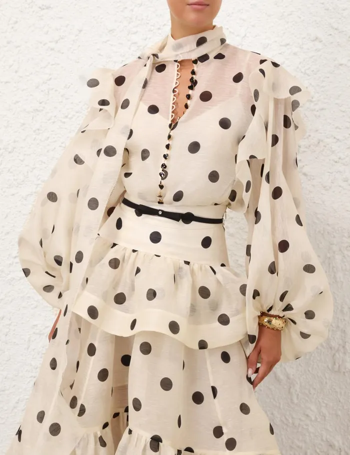Women Tops Zimmermann Crush Tie Neck Ruffle Blouse Creamblack Dot