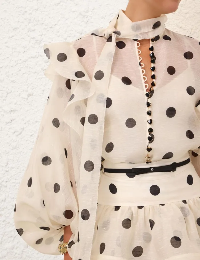 Women Tops Zimmermann Crush Tie Neck Ruffle Blouse Creamblack Dot