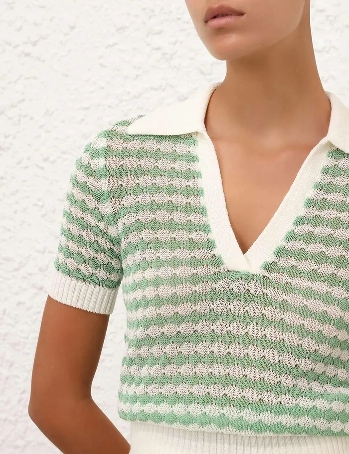 Women Tops Zimmermann Everley Scallop Knit Polo Tee Greencream