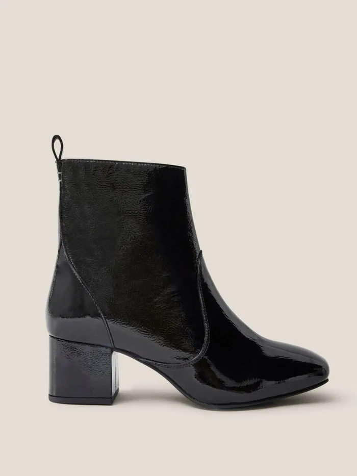 Women White Stuff Partywear Cilla Patent Mid Heel Boot Pure Black