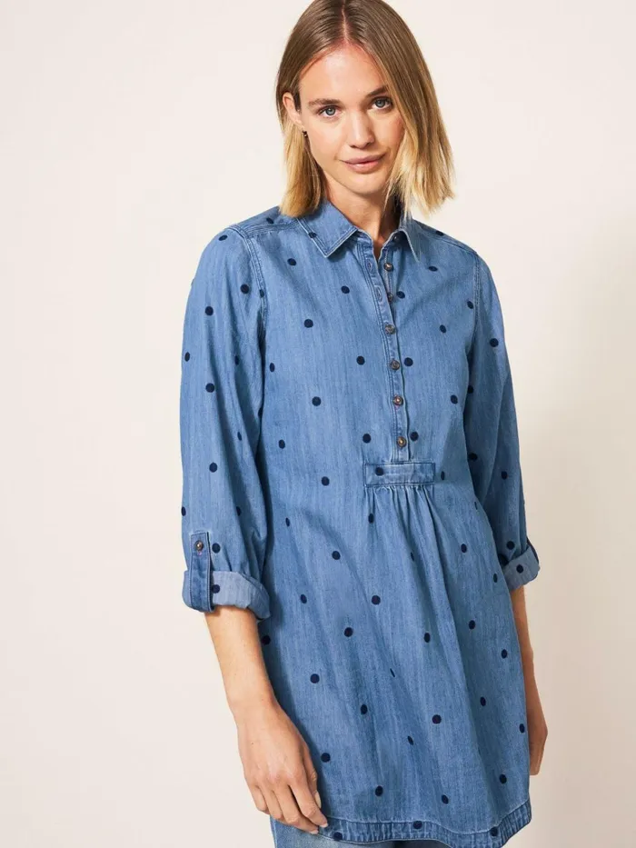 Women White Stuff Tops And Tshirts Eva Embroidered Denim Tunic Mid Denim
