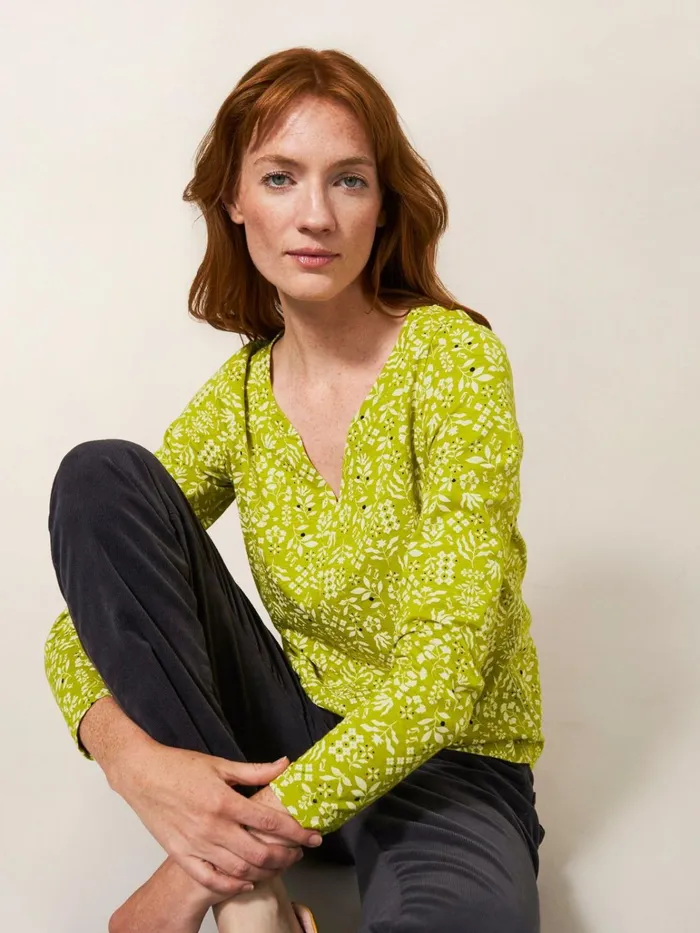 Women White Stuff Tops And Tshirts Nelly Long Sleeve TShirt Chartreuse Print