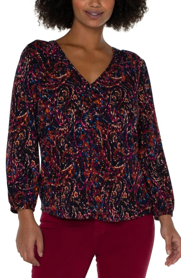 WOVEN TOPS Women Liverpool Los Angeles 34 SLEEVE DOUBLE VNECK WOVEN TOP Batik Paisley Allover Print WOVEN TOPS Women Liverpool Los Angeles 34 SLEEVE DOUBLE VNECK WOVEN TOP Batik Paisley Allover Print