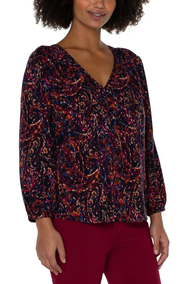 WOVEN TOPS Women Liverpool Los Angeles 34 SLEEVE DOUBLE VNECK WOVEN TOP Batik Paisley Allover Print