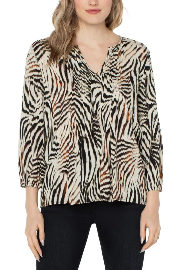 WOVEN TOPS Women Liverpool Los Angeles 34 SLEEVE PEASANT BLOUSE Allover Patchwork Animal Print