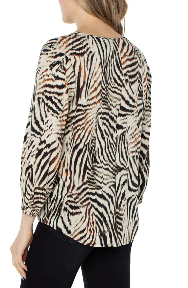 WOVEN TOPS Women Liverpool Los Angeles 34 SLEEVE PEASANT BLOUSE Allover Patchwork Animal Print