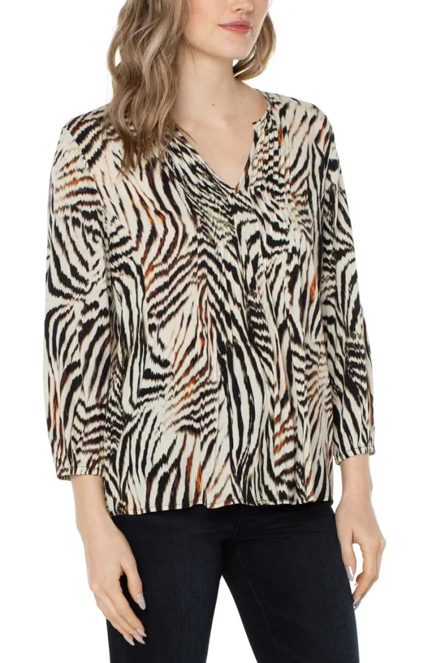 WOVEN TOPS Women Liverpool Los Angeles 34 SLEEVE PEASANT BLOUSE Allover Patchwork Animal Print