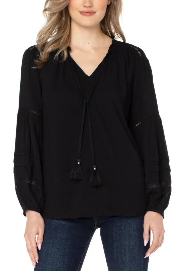 WOVEN TOPS Women Liverpool Los Angeles TIE FRONT POPOVER SHIRRED BLOUSE Black