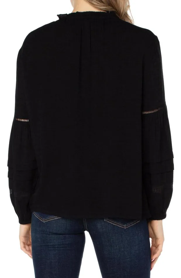 WOVEN TOPS Women Liverpool Los Angeles TIE FRONT POPOVER SHIRRED BLOUSE Black