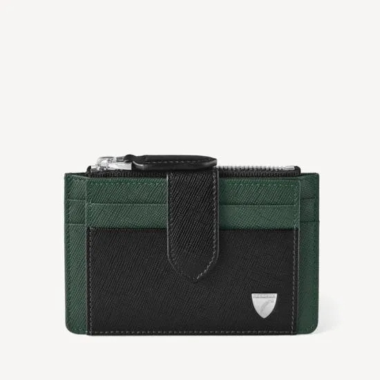 Zipped RFID Card Holder Black and Green Saffiano Men Aspinal Of London RFID Wallets