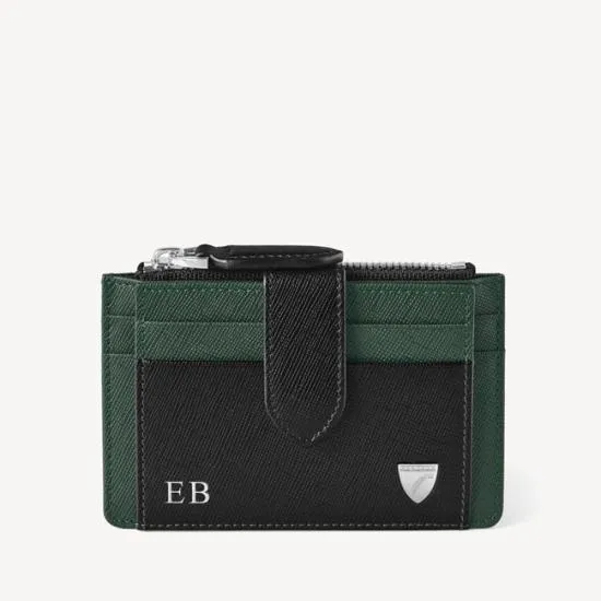 Zipped RFID Card Holder Black and Green Saffiano Men Aspinal Of London RFID Wallets